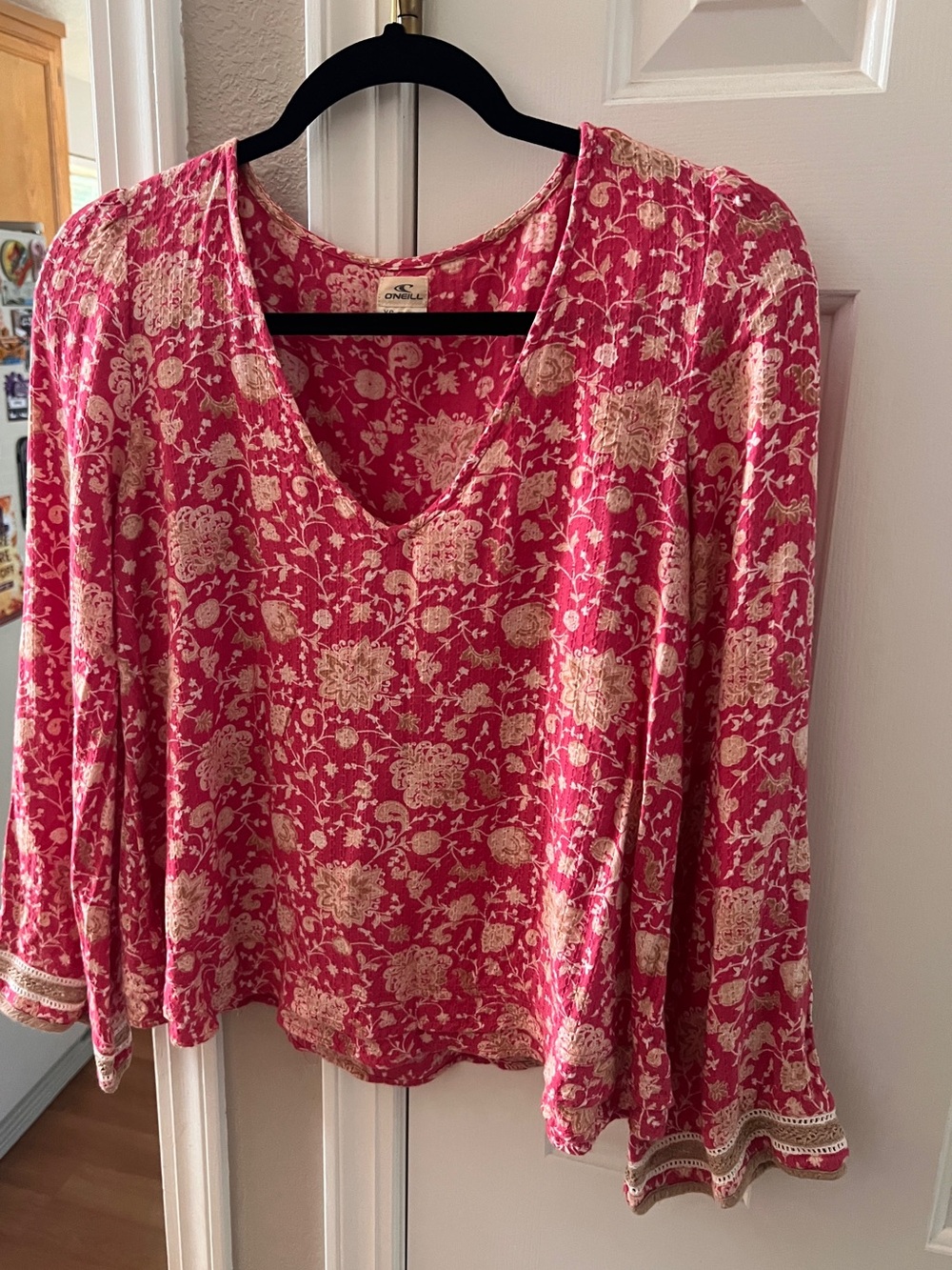 O'Neill Rose-Pink Floral V-Neck Bell Sleeve Blouse